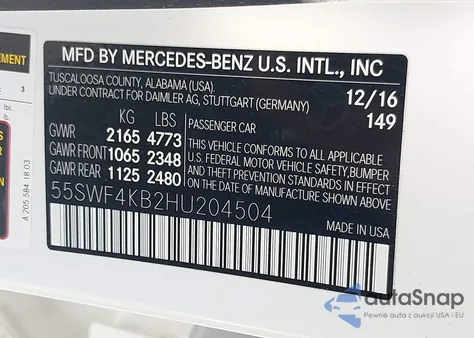 2017 Mercedes-Benz C 300 4Matic/Luxury 4Matic/Sport 4Matic from USA, damaged, VIN 55SWF4KB2HU204504